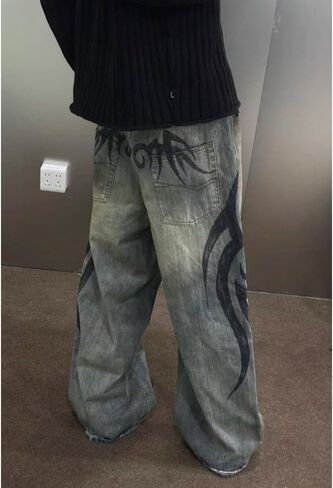 Unisex Y2K Baggy Jeans Vintage Washed High Waist Wide Leg Pants with Retro Totem Print Harajuku Hip Hop Streetwear in Kuwait