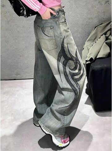 Unisex Y2K Baggy Jeans Vintage Washed High Waist Wide Leg Pants with Retro Totem Print Harajuku Hip Hop Streetwear in Kuwait