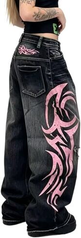 Unisex Y2K Baggy Jeans Vintage Washed High Waist Wide Leg Pants with Retro Totem Print Harajuku Hip Hop Streetwear in Kuwait