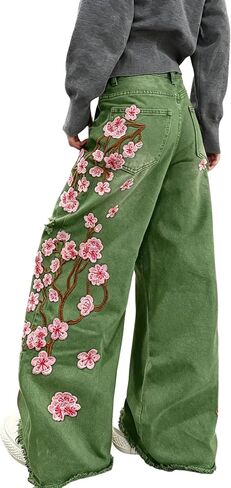 Womens Baggy Jeans Embroidered Trendy Denim Pants Hip Hop Wide Leg Jeans Stylish Skater Loose Fit Trousers Streetwear in Saudi Arabia