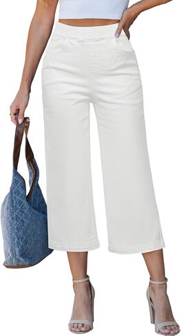 LookbookStore Capri Jeans for Women Wide Leg Trendy High Waisted Pull On Elastic Waist Summer Stretch Denim Capris Pants in Kuwait