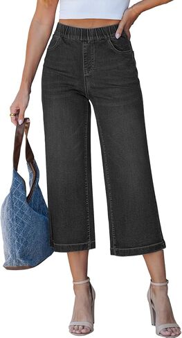 LookbookStore Capri Jeans for Women Wide Leg Trendy High Waisted Pull On Elastic Waist Summer Stretch Denim Capris Pants in Kuwait