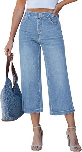 LookbookStore Capri Jeans for Women Wide Leg Trendy High Waisted Pull On Elastic Waist Summer Stretch Denim Capris Pants in Kuwait