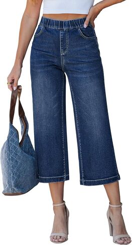 LookbookStore Capri Jeans for Women Wide Leg Trendy High Waisted Pull On Elastic Waist Summer Stretch Denim Capris Pants in Kuwait