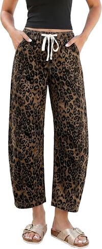 LookbookStore Barrel Jeans Women Leopard Pants Trendy High Waisted Pull On Wide Leg Stretchy Cropped Cheetah Print Pants in Kuwait