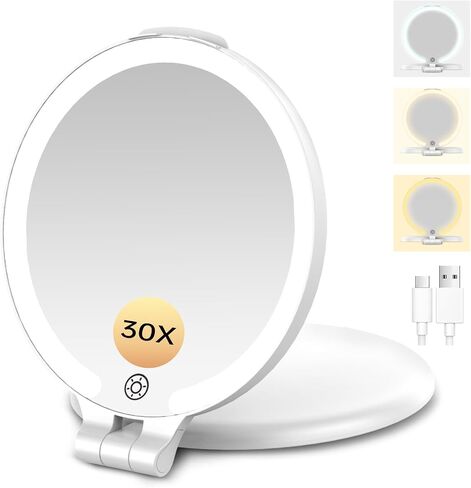 FUNTOUCH 7'' Travel Makeup Mirror with Lights 10X Magnifying, 3 Color Portable Double Side Vanity Compact Mirror with Rechargeable for Travel Essential, Gifts for Lover in Saudi Arabia