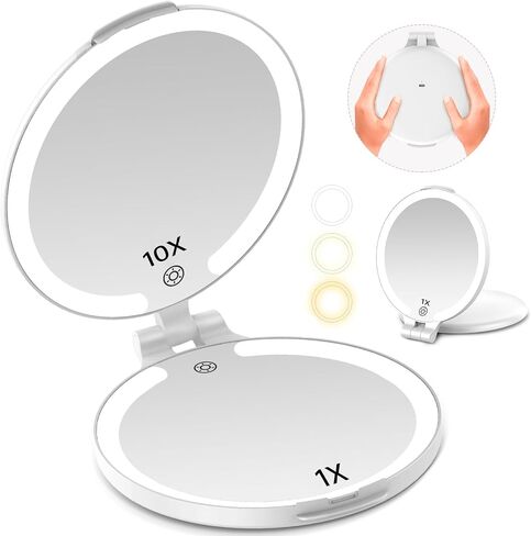 FUNTOUCH 7'' Travel Makeup Mirror with Lights 10X Magnifying, 3 Color Portable Double Side Vanity Compact Mirror with Rechargeable for Travel Essential, Gifts for Lover in Saudi Arabia