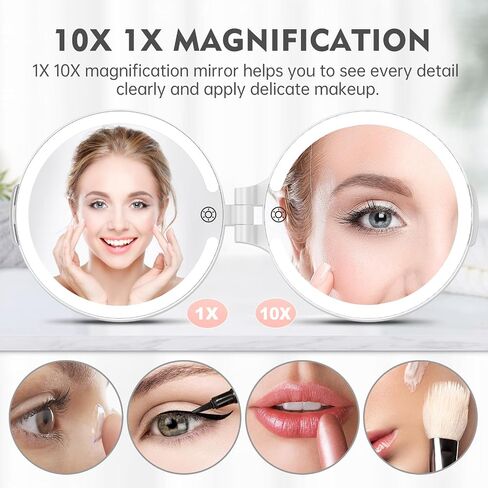 FUNTOUCH 7'' Travel Makeup Mirror with Lights 10X Magnifying, 3 Color Portable Double Side Vanity Compact Mirror with Rechargeable for Travel Essential, Gifts for Lover in Saudi Arabia