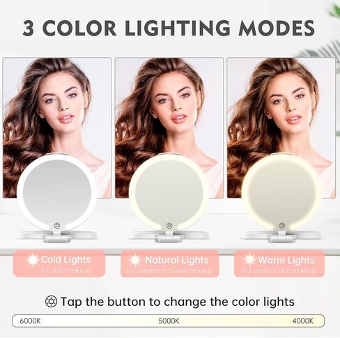 FUNTOUCH 7'' Travel Makeup Mirror with Lights 10X Magnifying, 3 Color Portable Double Side Vanity Compact Mirror with Rechargeable for Travel Essential, Gifts for Lover in Saudi Arabia