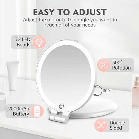 FUNTOUCH 7'' Travel Makeup Mirror with Lights 10X Magnifying, 3 Color Portable Double Side Vanity Compact Mirror with Rechargeable for Travel Essential, Gifts for Lover in Saudi Arabia