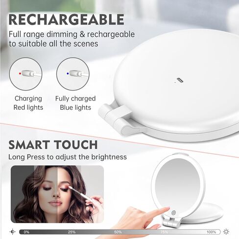 FUNTOUCH 7'' Travel Makeup Mirror with Lights 10X Magnifying, 3 Color Portable Double Side Vanity Compact Mirror with Rechargeable for Travel Essential, Gifts for Lover in Saudi Arabia