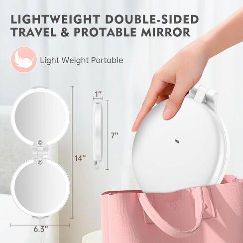 FUNTOUCH 7'' Travel Makeup Mirror with Lights 10X Magnifying, 3 Color Portable Double Side Vanity Compact Mirror with Rechargeable for Travel Essential, Gifts for Lover in Saudi Arabia