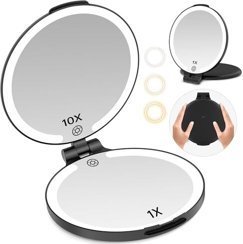 FUNTOUCH 7'' Travel Makeup Mirror with Lights 10X Magnifying, 3 Color Portable Double Side Vanity Compact Mirror with Rechargeable for Travel Essential, Gifts for Lover in Saudi Arabia