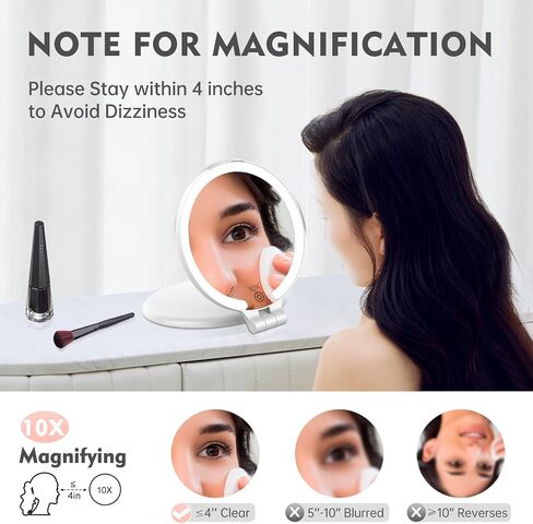 FUNTOUCH 7'' Travel Makeup Mirror with Lights 10X Magnifying, 3 Color Portable Double Side Vanity Compact Mirror with Rechargeable for Travel Essential, Gifts for Lover in Saudi Arabia