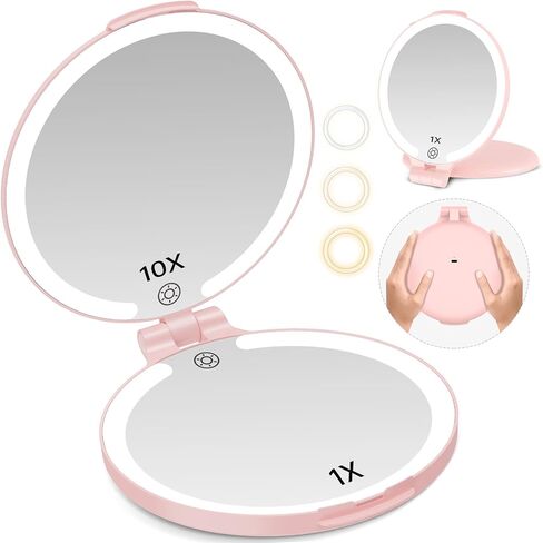 FUNTOUCH 7'' Travel Makeup Mirror with Lights 10X Magnifying, 3 Color Portable Double Side Vanity Compact Mirror with Rechargeable for Travel Essential, Gifts for Lover in Saudi Arabia