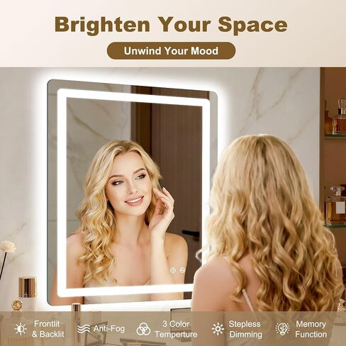 LED Bathroom Vanity Mirror with Lights, Front Light and Backlit, 2 Pack 32x24 Lighted Vanity Mirrors for Bathroom, Dimmable Brightness, Anti-Fog, 3 Colors, Memory Function, Shatterproof Tempered Glass in Saudi Arabia