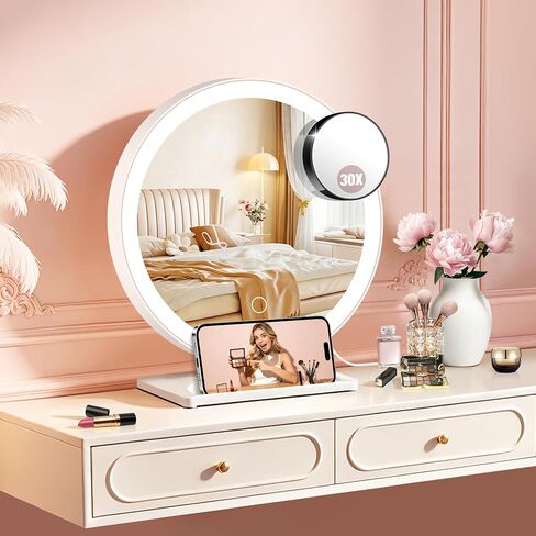 MIYADIVA Vanity Mirror with Lights, Lighted Makeup Mirror with 30X Magnification, 90 LED for 3 Color Lighting and Adjustable Brightness, Touch Screen, Bedroom Dorm Mirror with Phone Holder Stand in Saudi Arabia