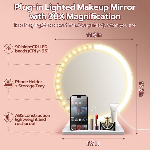 MIYADIVA Vanity Mirror with Lights, Lighted Makeup Mirror with 30X Magnification, 90 LED for 3 Color Lighting and Adjustable Brightness, Touch Screen, Bedroom Dorm Mirror with Phone Holder Stand in Saudi Arabia