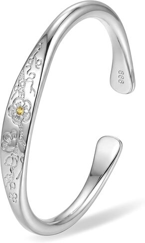 Silver Cuff Bangle Bracelet for Women with Open and Adjustable Design, Daisy Flower Pattern Engraving, Daily Wear or Fashion Jewelry Gift for Her in Saudi Arabia