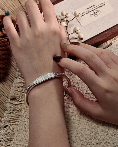 Silver Cuff Bangle Bracelet for Women with Open and Adjustable Design, Daisy Flower Pattern Engraving, Daily Wear or Fashion Jewelry Gift for Her in Saudi Arabia