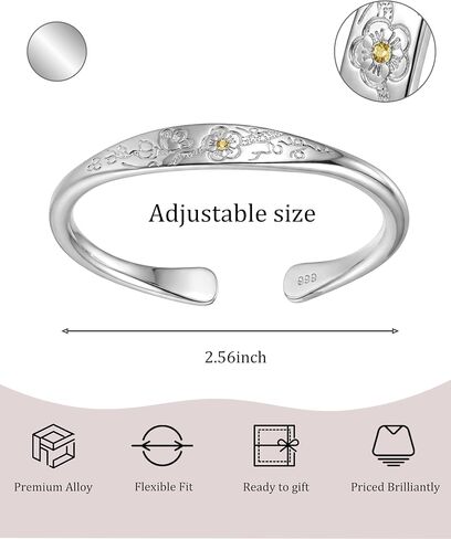 Silver Cuff Bangle Bracelet for Women with Open and Adjustable Design, Daisy Flower Pattern Engraving, Daily Wear or Fashion Jewelry Gift for Her in Saudi Arabia