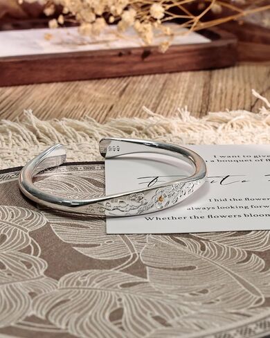 Silver Cuff Bangle Bracelet for Women with Open and Adjustable Design, Daisy Flower Pattern Engraving, Daily Wear or Fashion Jewelry Gift for Her in Saudi Arabia