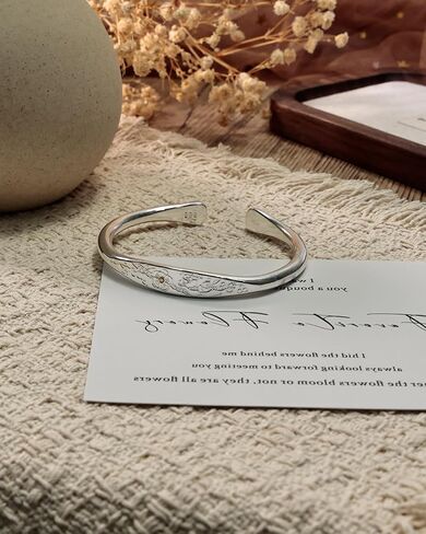Silver Cuff Bangle Bracelet for Women with Open and Adjustable Design, Daisy Flower Pattern Engraving, Daily Wear or Fashion Jewelry Gift for Her in Saudi Arabia