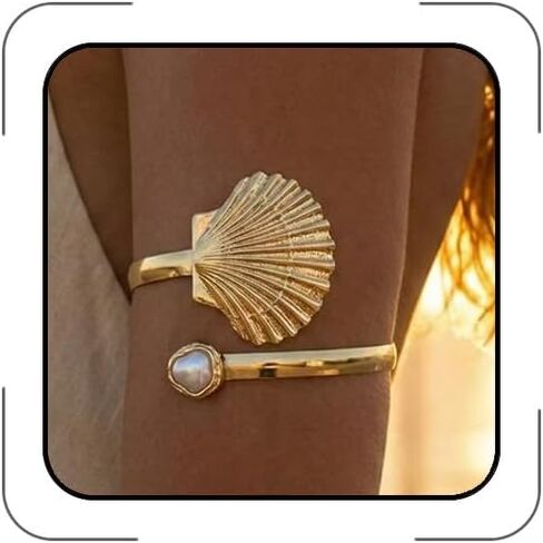 Gold Adjustable Arm Cuff for Women, Ocean Inspired Open Ocean Upper Arm Bracelet, 3D Nautilus/Scallop/Starfish Motif with Baroque Pearl, Boho Beach Summer Vacation Statement Jewelry in Saudi Arabia