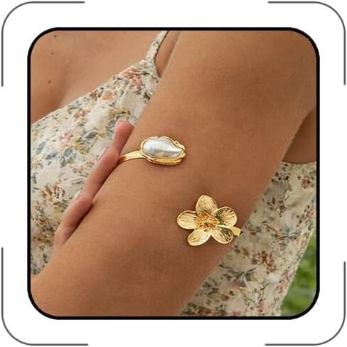 Gold Adjustable Arm Cuff for Women, Ocean Inspired Open Ocean Upper Arm Bracelet, 3D Nautilus/Scallop/Starfish Motif with Baroque Pearl, Boho Beach Summer Vacation Statement Jewelry in Kuwait