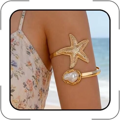 Gold Adjustable Arm Cuff for Women, Ocean Inspired Open Ocean Upper Arm Bracelet, 3D Nautilus/Scallop/Starfish Motif with Baroque Pearl, Boho Beach Summer Vacation Statement Jewelry in Kuwait