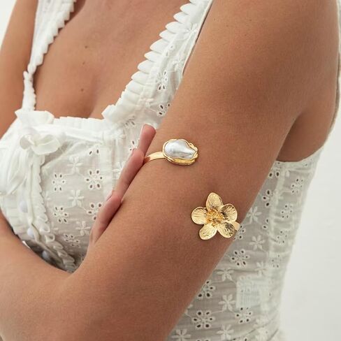 Gold Adjustable Arm Cuff for Women, Ocean Inspired Open Ocean Upper Arm Bracelet, 3D Nautilus/Scallop/Starfish Motif with Baroque Pearl, Boho Beach Summer Vacation Statement Jewelry in Kuwait