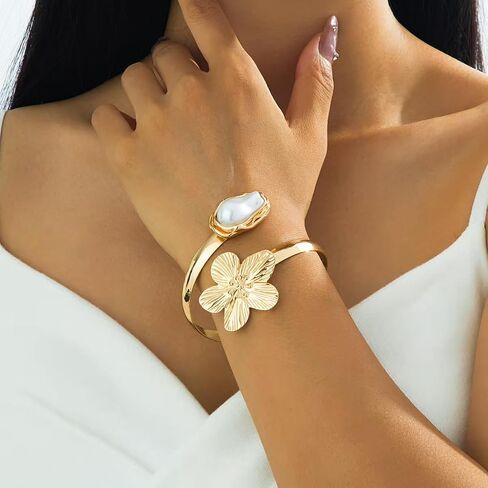 Gold Adjustable Arm Cuff for Women, Ocean Inspired Open Ocean Upper Arm Bracelet, 3D Nautilus/Scallop/Starfish Motif with Baroque Pearl, Boho Beach Summer Vacation Statement Jewelry in Kuwait