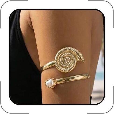 Gold Adjustable Arm Cuff for Women, Ocean Inspired Open Ocean Upper Arm Bracelet, 3D Nautilus/Scallop/Starfish Motif with Baroque Pearl, Boho Beach Summer Vacation Statement Jewelry in Kuwait
