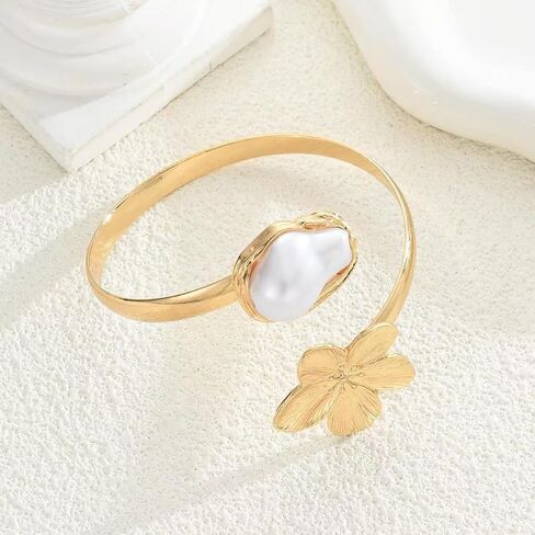 Gold Adjustable Arm Cuff for Women, Ocean Inspired Open Ocean Upper Arm Bracelet, 3D Nautilus/Scallop/Starfish Motif with Baroque Pearl, Boho Beach Summer Vacation Statement Jewelry in Kuwait