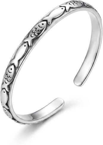 1 Piece Silver Fish Bangles Bracelets for Women, Silver Open Cuff Adjustable Textured Fish Bracelet For Women Men Sealife Lovers Statement Jewelry Accessory in Kuwait
