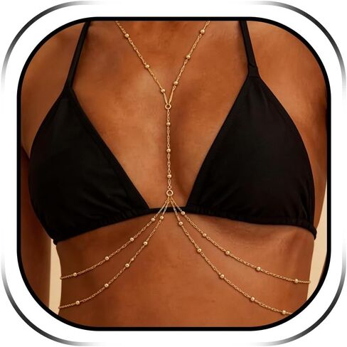 Body Chain for Women Gold Body Chain Jewelry Layered Bikini Body Jewelry Beach Summer Outfit Belly Chain Dangle Waist Chain Bra Chain Accessory in Kuwait