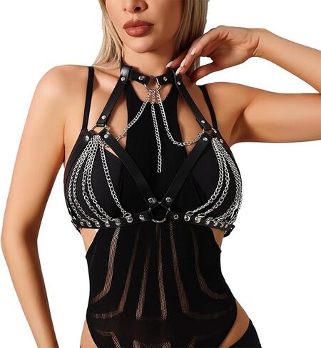 Leather Bra Body Chain, Punk Layered Chest Chain, Chest Harness Body Waist Chain, PU Leather Chain Adjustable Body Jewelry for Women Party Gifts Halloween Carnival in Saudi Arabia