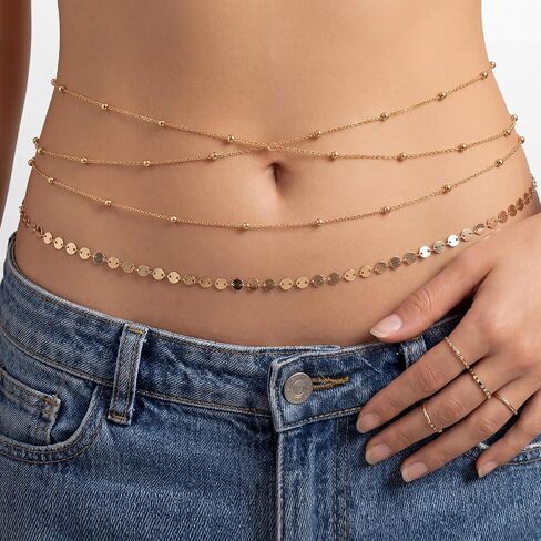 2Pcs Waist Beads for Women, 14K Gold Plated Dainty Belly Chain, Cuban Beaded Body Chain Beach Chains for Her Summer Jewelry Gifts, Highlights Slender Waist in Kuwait