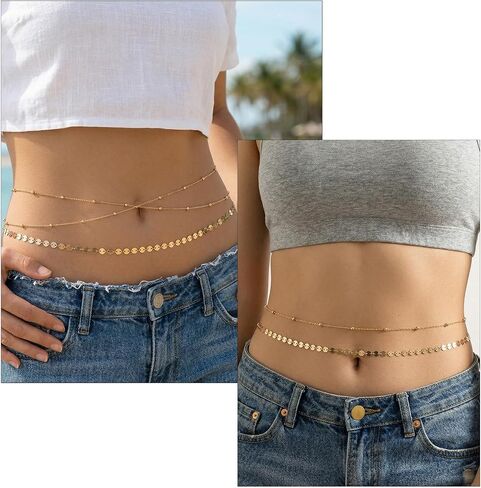 2Pcs Waist Beads for Women, 14K Gold Plated Dainty Belly Chain, Cuban Beaded Body Chain Beach Chains for Her Summer Jewelry Gifts, Highlights Slender Waist in Kuwait