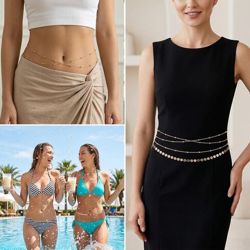 2Pcs Waist Beads for Women, 14K Gold Plated Dainty Belly Chain, Cuban Beaded Body Chain Beach Chains for Her Summer Jewelry Gifts, Highlights Slender Waist in Kuwait