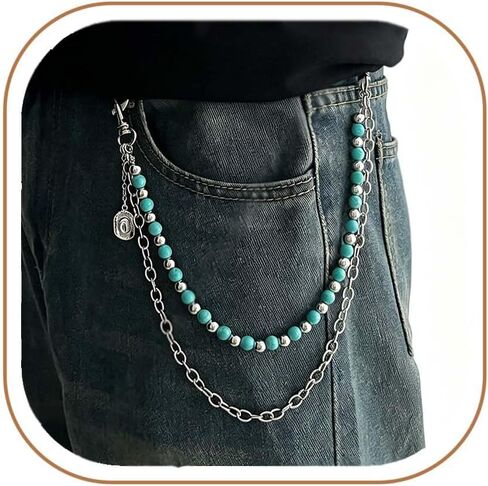 QWALIT Silver Turquoise Pants Chain for Men Pocket Chain for Pants Dainty Trendy Layered Jean Chains for Women Beads Biker Jean Chains Western Punk Hip Jewelry Party K-pop Music Festival Accessories in Kuwait
