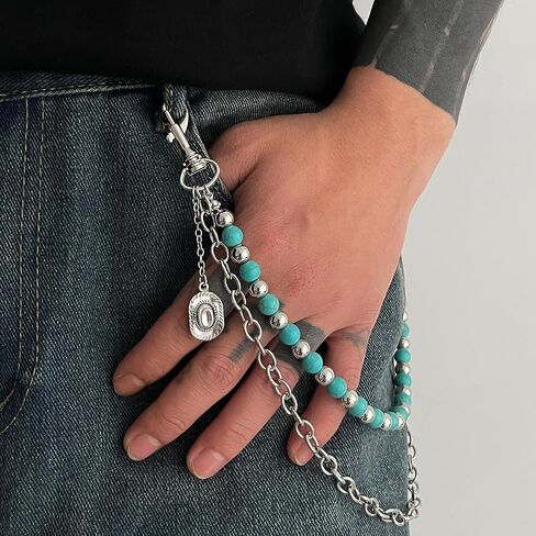 QWALIT Silver Turquoise Pants Chain for Men Pocket Chain for Pants Dainty Trendy Layered Jean Chains for Women Beads Biker Jean Chains Western Punk Hip Jewelry Party K-pop Music Festival Accessories in Kuwait