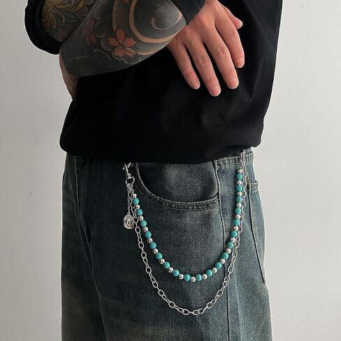 QWALIT Silver Turquoise Pants Chain for Men Pocket Chain for Pants Dainty Trendy Layered Jean Chains for Women Beads Biker Jean Chains Western Punk Hip Jewelry Party K-pop Music Festival Accessories in Kuwait
