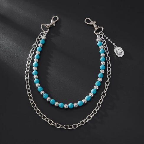 QWALIT Silver Turquoise Pants Chain for Men Pocket Chain for Pants Dainty Trendy Layered Jean Chains for Women Beads Biker Jean Chains Western Punk Hip Jewelry Party K-pop Music Festival Accessories in Kuwait