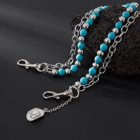 QWALIT Silver Turquoise Pants Chain for Men Pocket Chain for Pants Dainty Trendy Layered Jean Chains for Women Beads Biker Jean Chains Western Punk Hip Jewelry Party K-pop Music Festival Accessories in Kuwait