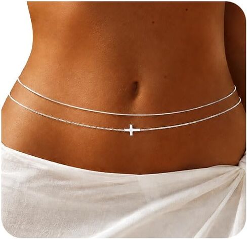 Cross Waist Chain, Women Layered Belly Chain, 2Pcs Minimalist Body chains for Causal Beach in Saudi Arabia