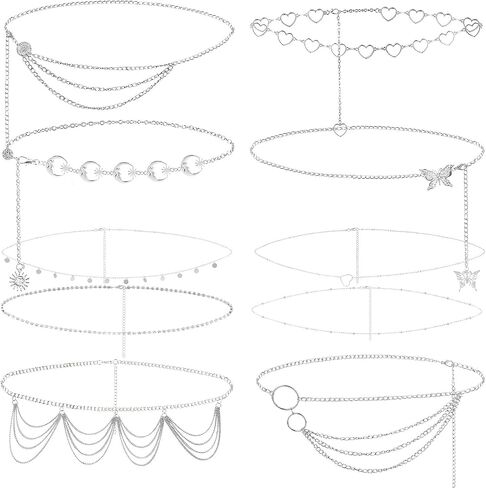 10 PCS Waist Belly Chain Belt for Women, Adjustable Waist Chain Summer Beach Waist Sexy Body Chains Jewelry Accessories for Jeans Dress, Multilayer Long Body Decorations for Body Girls, Silver in Saudi Arabia