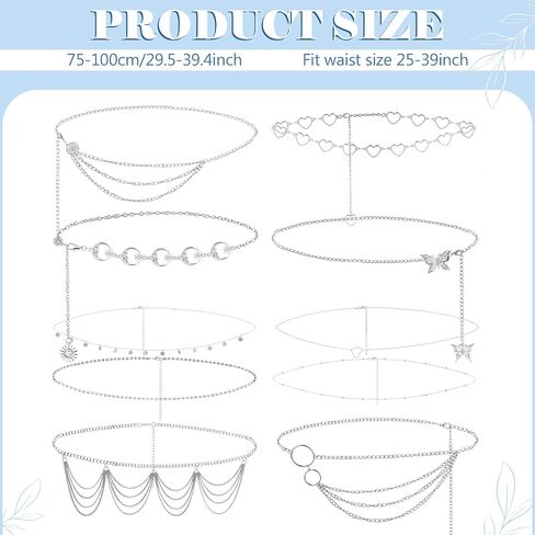 10 PCS Waist Belly Chain Belt for Women, Adjustable Waist Chain Summer Beach Waist Sexy Body Chains Jewelry Accessories for Jeans Dress, Multilayer Long Body Decorations for Body Girls, Silver in Saudi Arabia