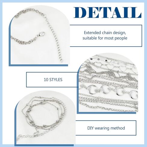 10 PCS Waist Belly Chain Belt for Women, Adjustable Waist Chain Summer Beach Waist Sexy Body Chains Jewelry Accessories for Jeans Dress, Multilayer Long Body Decorations for Body Girls, Silver in Saudi Arabia