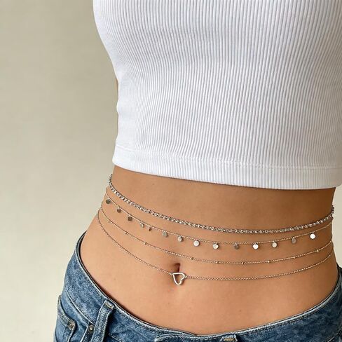 10 PCS Waist Belly Chain Belt for Women, Adjustable Waist Chain Summer Beach Waist Sexy Body Chains Jewelry Accessories for Jeans Dress, Multilayer Long Body Decorations for Body Girls, Silver in Saudi Arabia
